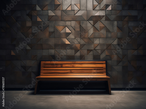 Rustic wooden bench contrasts with geometric square pattern on wall, highlighting raw beauty photo