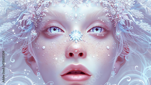 A magical graphical vector face reminiscent of a fairy tale princess  with delicate features and a crown of sparkling jewels.