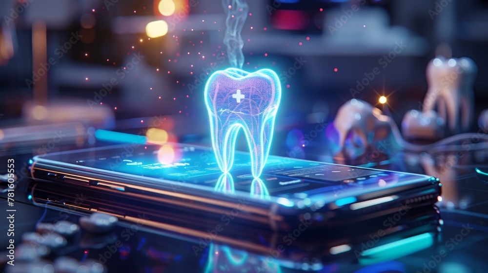 Innovative dental health app interface on a smartphone screen with holographic tooth - obrazy, fototapety, plakaty 