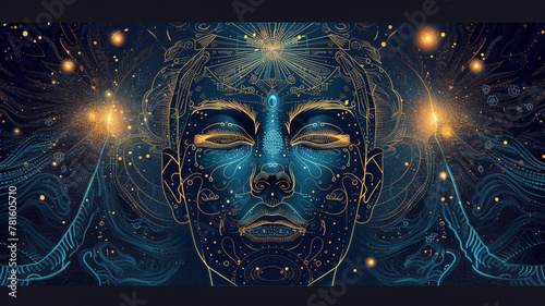 A celestial guardian graphical vector face with celestial motifs and a sense of divine authority, watching over the cosmos.