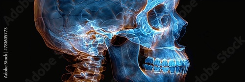 Detailed x-ray of human skull in blue tones on black photo