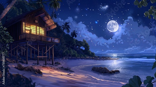 A beach hut stands on the shore of a tropical island. The windows glow in the moonlight and the starry sky is above. The wooden house is on stilts with a terrace overlooking the ocean.