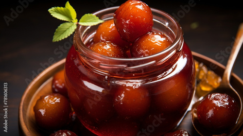 wide top view background of Indian sweets, clear glass jar full of Gulab jamun and sugar syrup banner image in dark color table photo