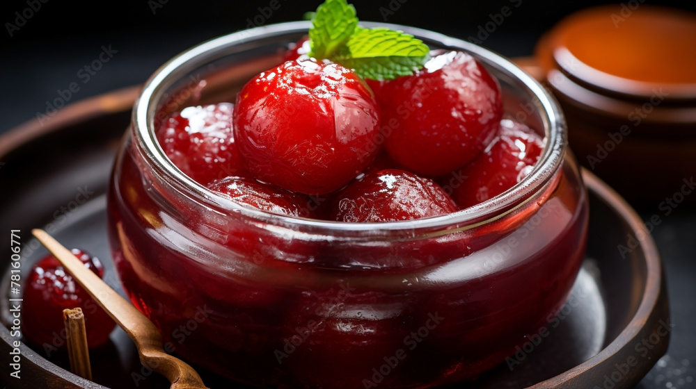 custom made wallpaper toronto digitalwide top view background of Indian sweets, clear glass jar full of Gulab jamun and sugar syrup banner image in dark color table