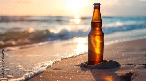 Close up view of beer bottle in the sand on the beach against beautiful sea, soft light photo