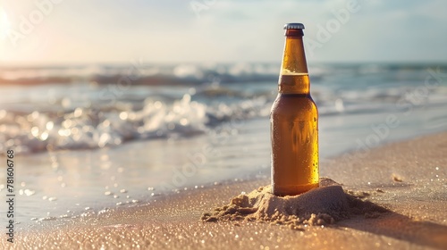 Macro view of beer bottle in the sand on the beach against beautiful sea photo