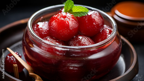 Wallpaper Mural wide top view background of Indian sweets, clear glass jar full of Gulab jamun and sugar syrup banner image in dark color table Torontodigital.ca