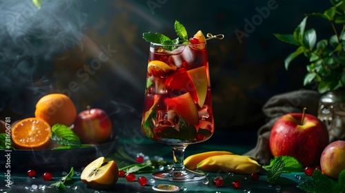 Delicious cocktail on the table against dark background with fruits and fresh mint leaves and some decorative elements arround photo