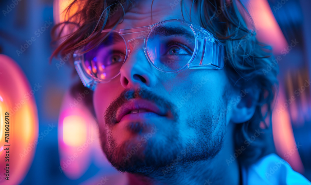 Portrait of handsome man in futuristic glasses