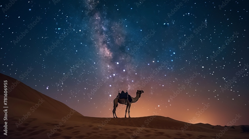 Obraz premium A camel stands on a sandy hill in a desert. The night sky is clear, with the Milky Way galaxy and many stars visible. The photo was taken in the United Arab Emirates.