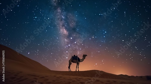 A camel stands on a sandy hill in a desert. The night sky is clear, with the Milky Way galaxy and many stars visible. The photo was taken in the United Arab Emirates. photo