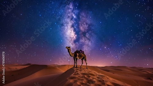 A camel stands on a sandy hill in a desert. The night sky is clear, with the Milky Way galaxy and many stars visible. The photo was taken in the United Arab Emirates. photo