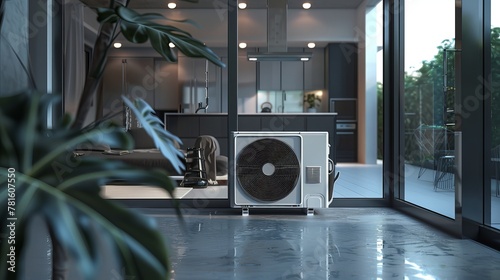 A machine that cools the air inside a room or building, making it more comfortable to be in. photo