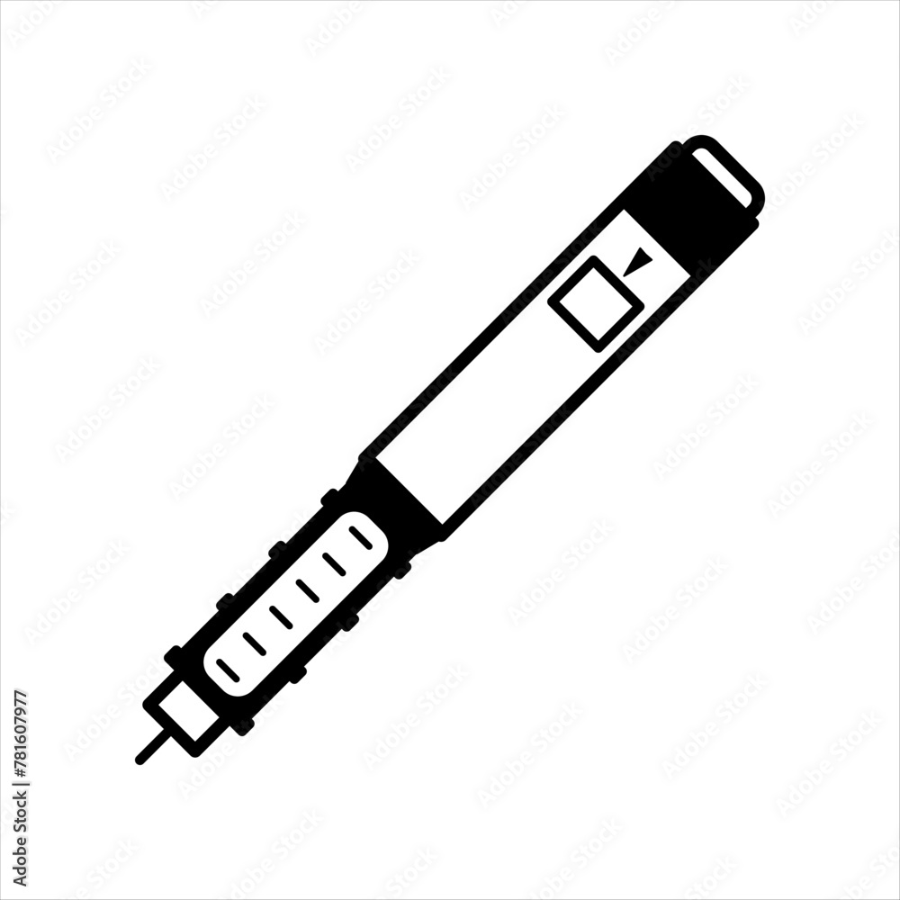 Insulin injection pen icon. Black flat sign for mobile concept and web design. Diabetic syringe outline icon. Symbol, logo illustration. Vector graphics isolated on white Insulin injection pen icon. Black flat sign for mobile concept and web design. Diabetic syringe outline icon. Symbol, logo illustration. Vector graphics isolated on white