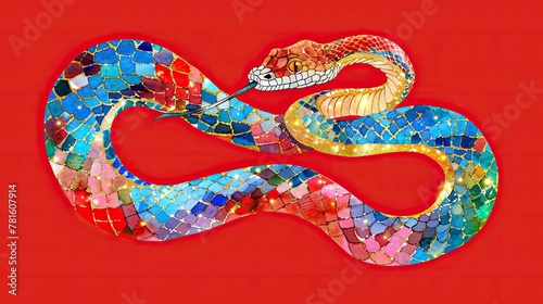 A vibrant, mosaic snake on a red background