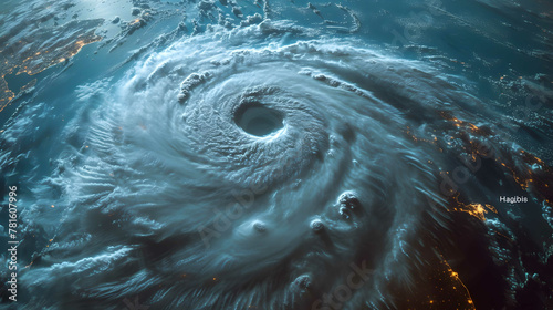 A massive hurricane seen from above with a well-defined eye spiraling clouds and turbulent ocean waves.