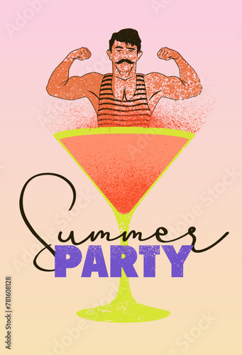 Summer Party typographic grunge vintage poster design with cocktail martini glass and retro swimmer. Vector illustration.
