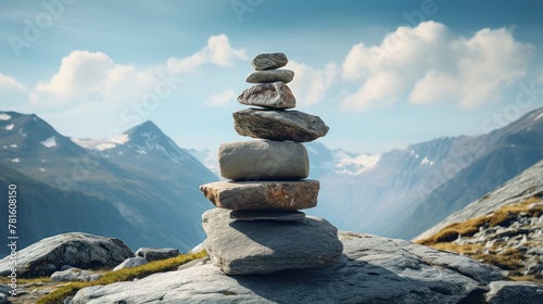 A stack of rocks sits on top of a boulder in the foreground. In the background, there are mountains and a blue sky with white clouds. photo