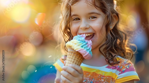 A happy young girl in Virginia enjoys a colorful rainbow ice cream cone.