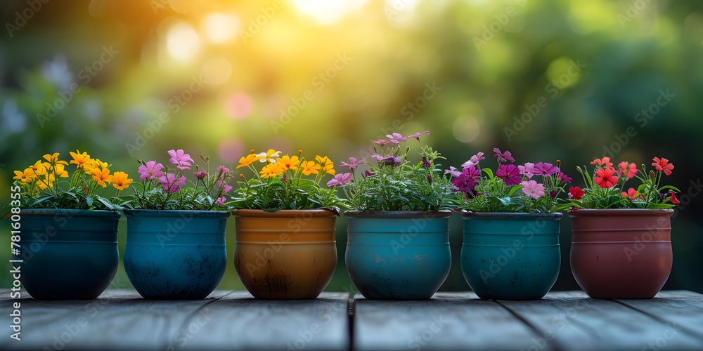 Colorful garden flowers in the pots on wooden table. Gardening background mockup concept.