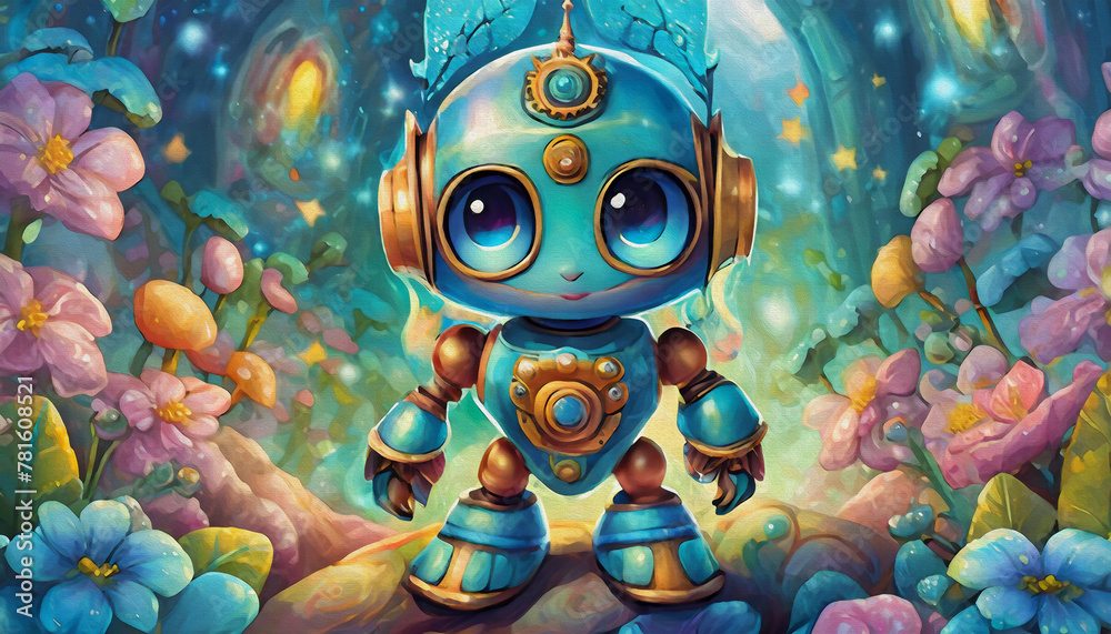 oil painting style, cartoon character Cute robot techno background, space, fantasy
