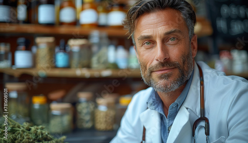 Portrait of happy mature male pharmacist working in pharmacy