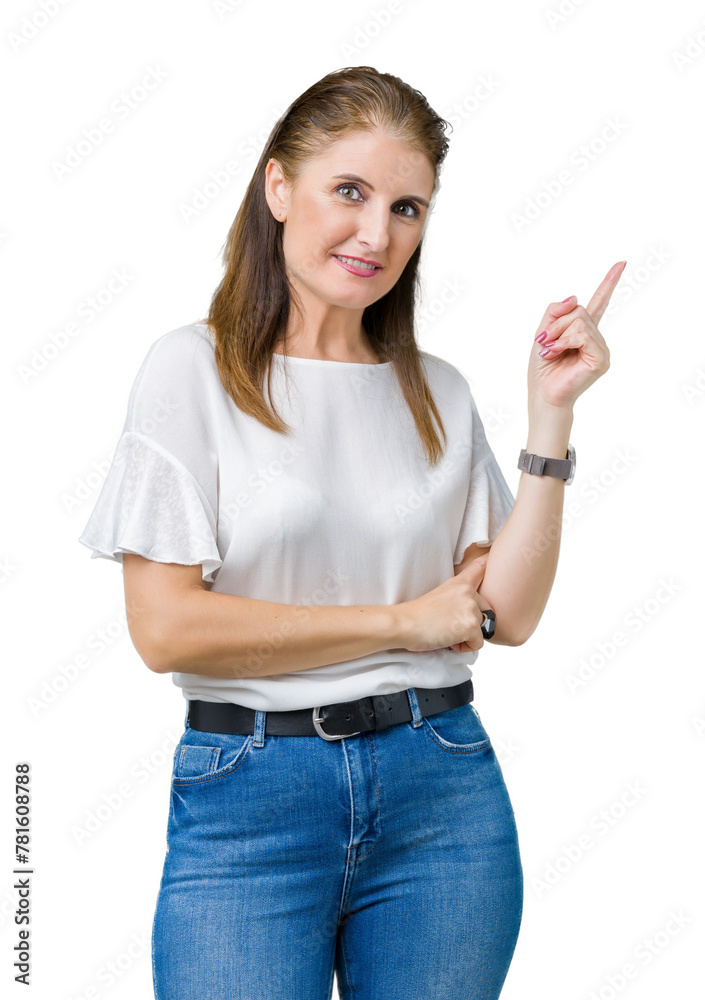Middle age mature beautiful woman over isolated background with a big smile on face, pointing with hand and finger to the side looking at the camera.