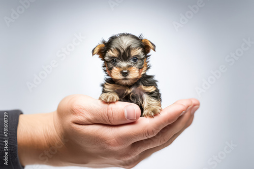 A small puppy is being held in a person's hand. The puppy is black and brown and he is a Yorkie. Concept of warmth and affection, as the person is holding the puppy close to their chest photo