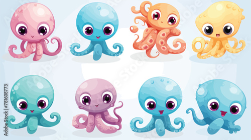 Octopus cartoon character set. Cute funny childish