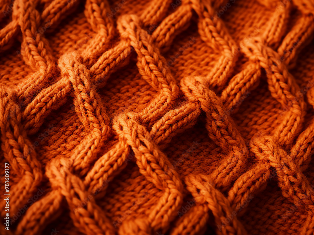 Orange knitted fabric close-up, depicting cozy handmade product