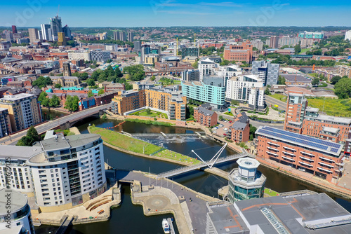 Aerial photo of the Leeds City Centre taken from the area known as The Leeds Dock on a bright sunny summers day photo