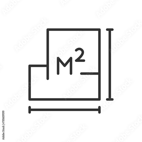 Room size square metres, linear icon. Room plan and length, width. Line with editable stroke
