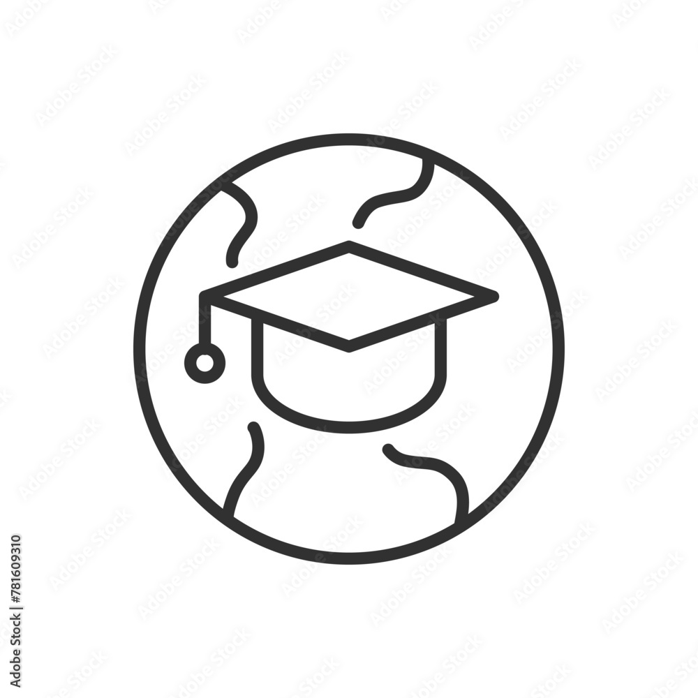 Academic cap and planet, linear icon. Global Learning. Accessibility of education around the world. Line with editable stroke Academic cap and planet, linear icon. Global Learning. Accessibility of education around the world. Line with editable stroke