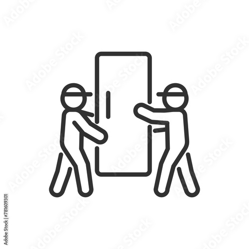Carrying a refrigerator vertically, linear icon. Loaders carrying a refrigerator. Line with editable stroke