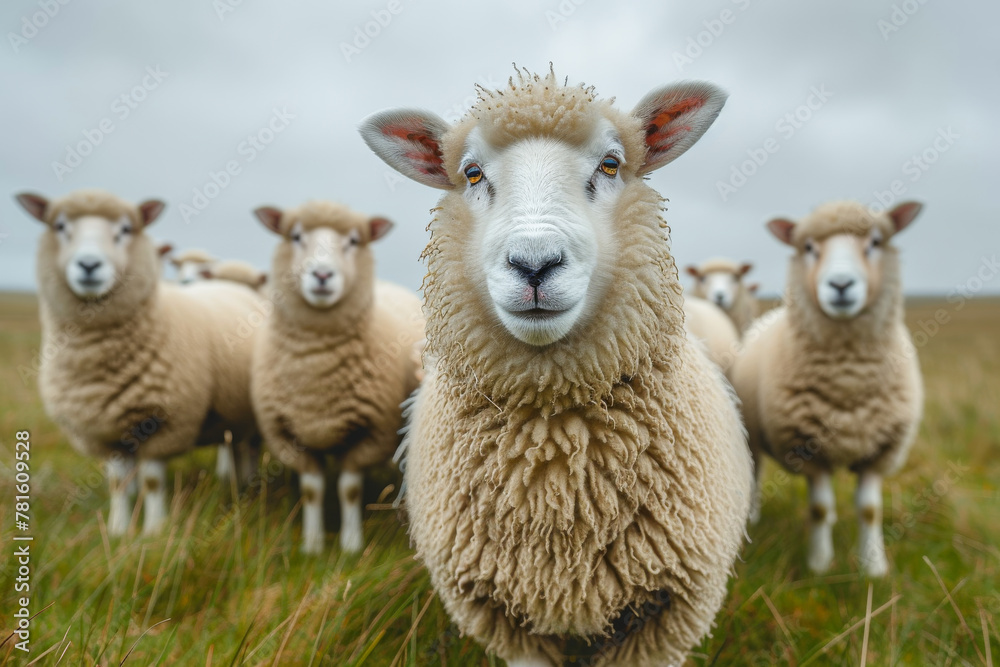 Curious sheep staring at the camera in field Curious sheep staring at the camera in field