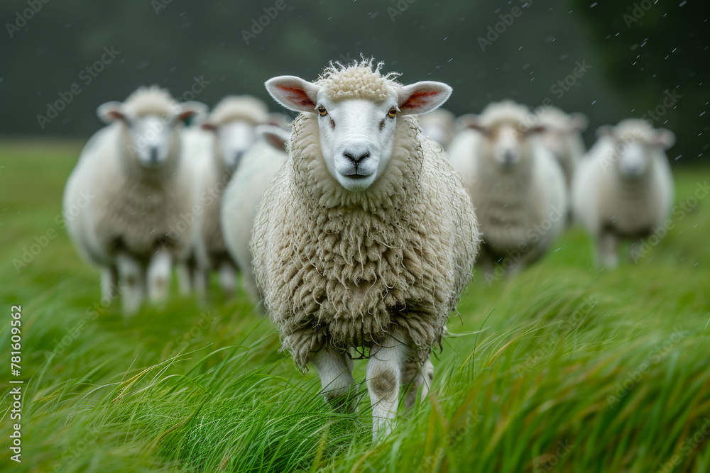 Fototapeta premium Sheep is walking in the grass with other sheep in the background
