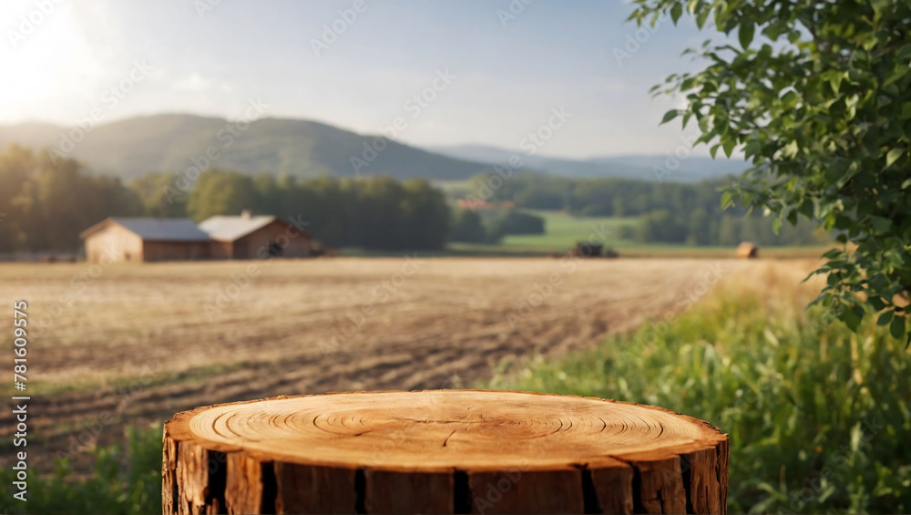 Tree stump wood podium display for food, perfume, and other products on nature background, farm with grass and trees, Sunlight at morning
