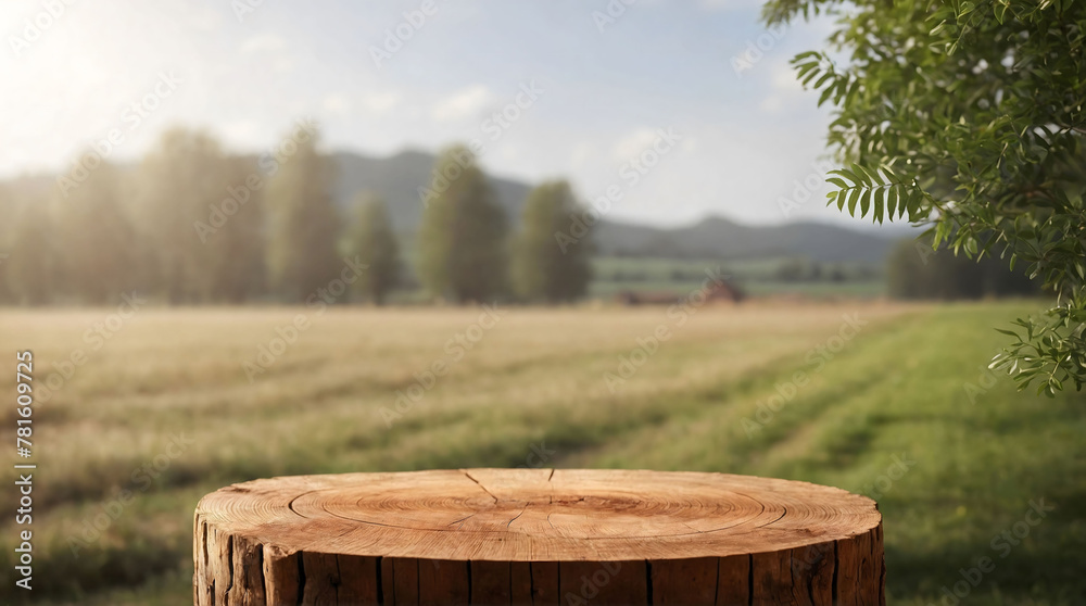 Tree stump wood podium display for food, perfume, and other products on nature background, farm with grass and trees, Sunlight at morning
