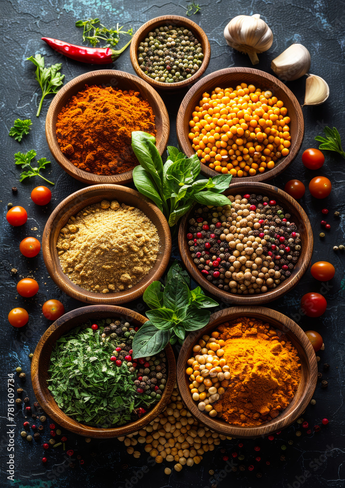 Spices and herbs in bowls on dark background Spices and herbs in bowls on dark background