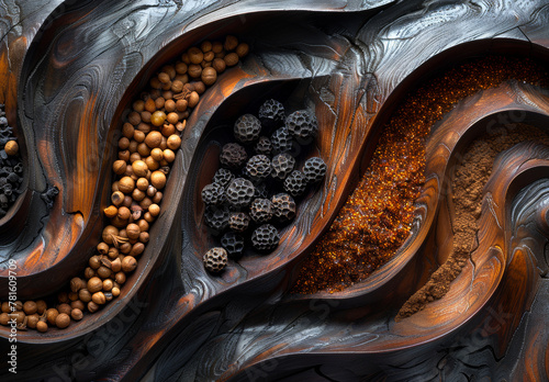 Black pepper black and white peppercorns and mixture of spices on wooden surface