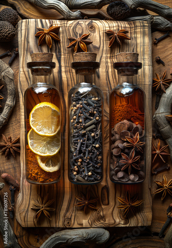 Three glass bottles with spices on wooden board