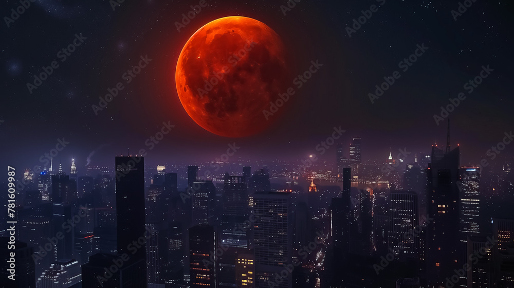 red moon in night sky rising over dark and mysterious cityscape