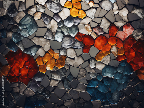 Textured wall adorned with a mosaic of colored stones and glass