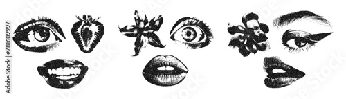 photocopy15Eyes, mouth, lips, brow, flower and strawberry with halftone stipple effect, for grunge punk y2k collage design. Elements in brutalist retro photocopy design. Vector illustration for vintag photo