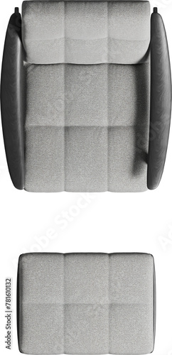 Top view of gray upholstered armchair with ottoman