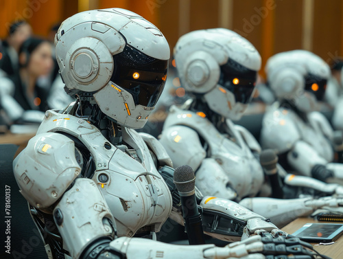 Robots are sitting in rows with microphones in their hands. photo