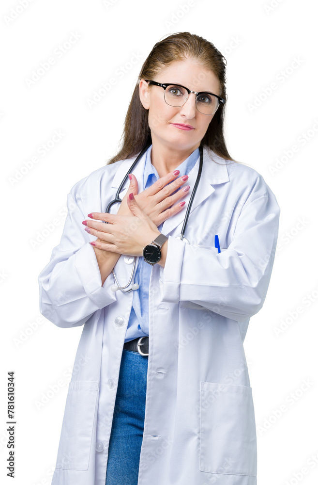 Middle age mature doctor woman wearing medical coat over isolated background smiling with hands on chest with closed eyes and grateful gesture on face. Health concept. Middle age mature doctor woman wearing medical coat over isolated background smiling with hands on chest with closed eyes and grateful gesture on face. Health concept.