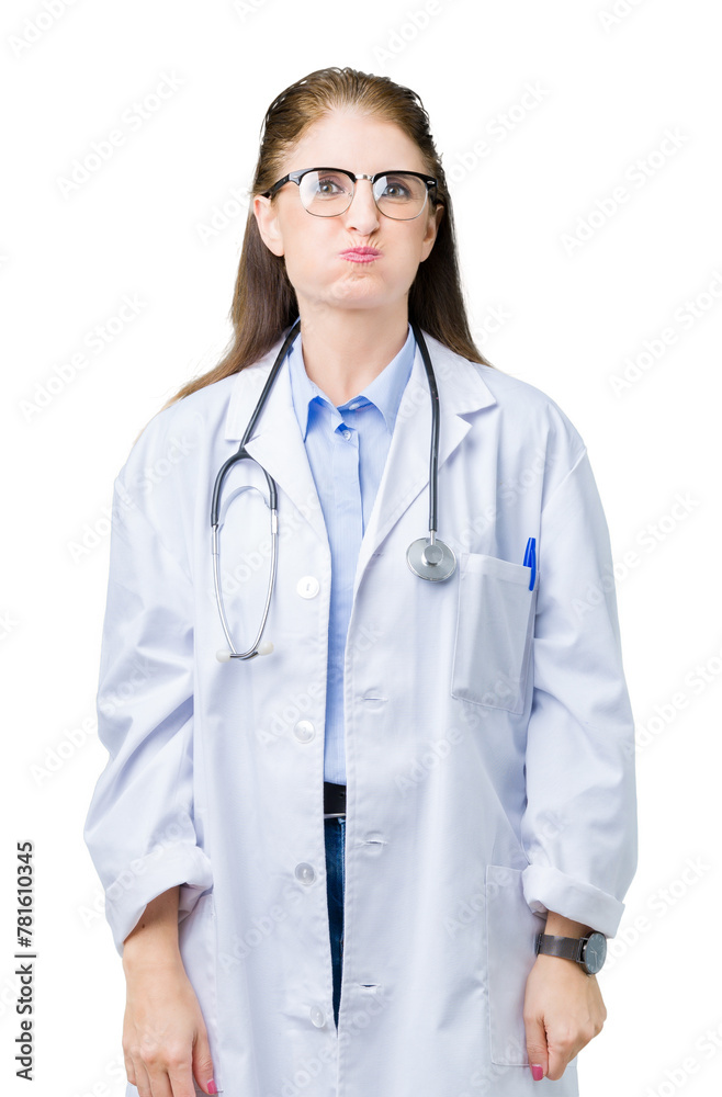 Middle age mature doctor woman wearing medical coat over isolated background puffing cheeks with funny face. Mouth inflated with air, crazy expression.