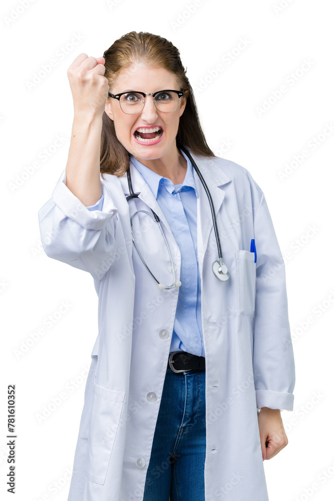 Middle age mature doctor woman wearing medical coat over isolated background angry and mad raising fist frustrated and furious while shouting with anger. Rage and aggressive concept. Middle age mature doctor woman wearing medical coat over isolated background angry and mad raising fist frustrated and furious while shouting with anger. Rage and aggressive concept.