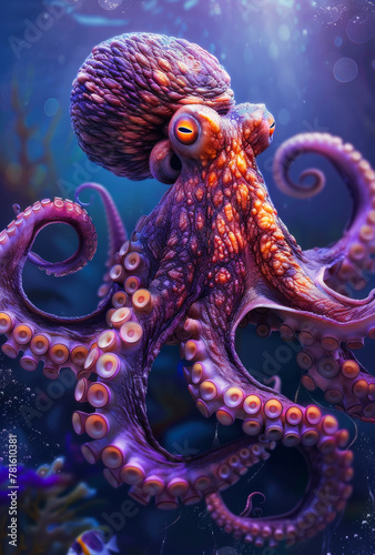 Purple octopus swims through the deep blue sea. © Анна Терелюк